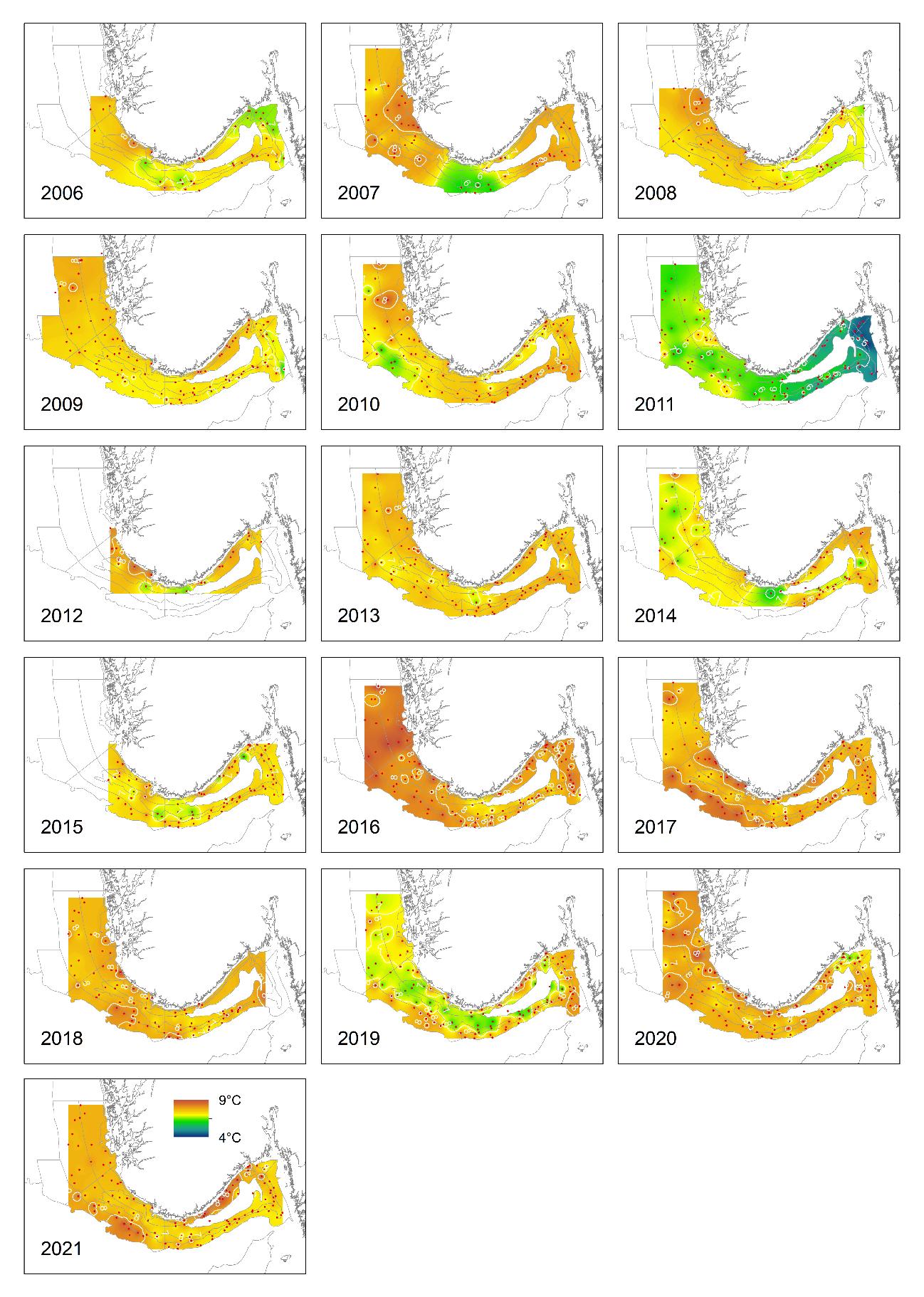 Kartutsnittene er fra 2006 til 2021. 2006 er øverst til venstre, det er tre kart på hver linje. Fargeskalaen er vist på kartutsnittet fra 2021 (helt nederst til venstre). Fargeskalaen går fra 9 grader (øverst, rødt) til 4 grader (nederst, blått).