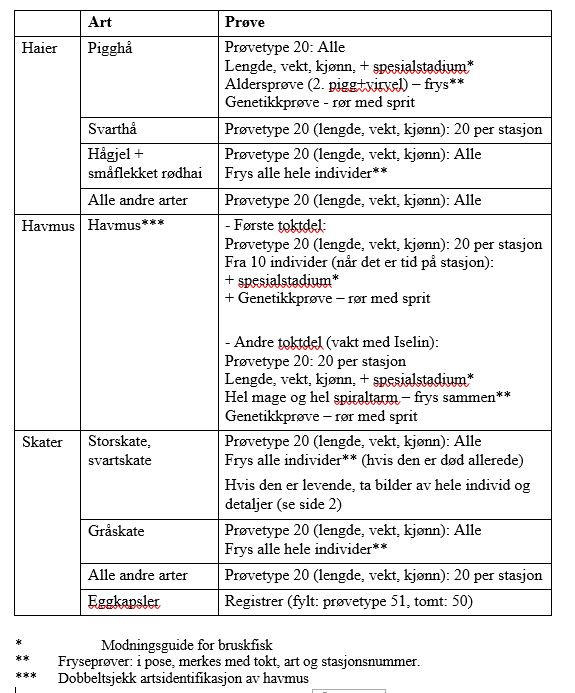 Bildet viser tabell med instruks for innsamling av bruksfiskprøver. For haier var det egen instruks for pigghå (individprøve (lengde, vekt og kjønn), spesialstadium, aldersprøve og genitikkprøve), svarthå, hågjeld og andre haiarter (individprøve).  For havmus: individprøve, spesialstadium, genetikk og mageprøve (kun 10-20 individer). For skater: individprøve. Eggkapsler: registrere tilstedeværelse.