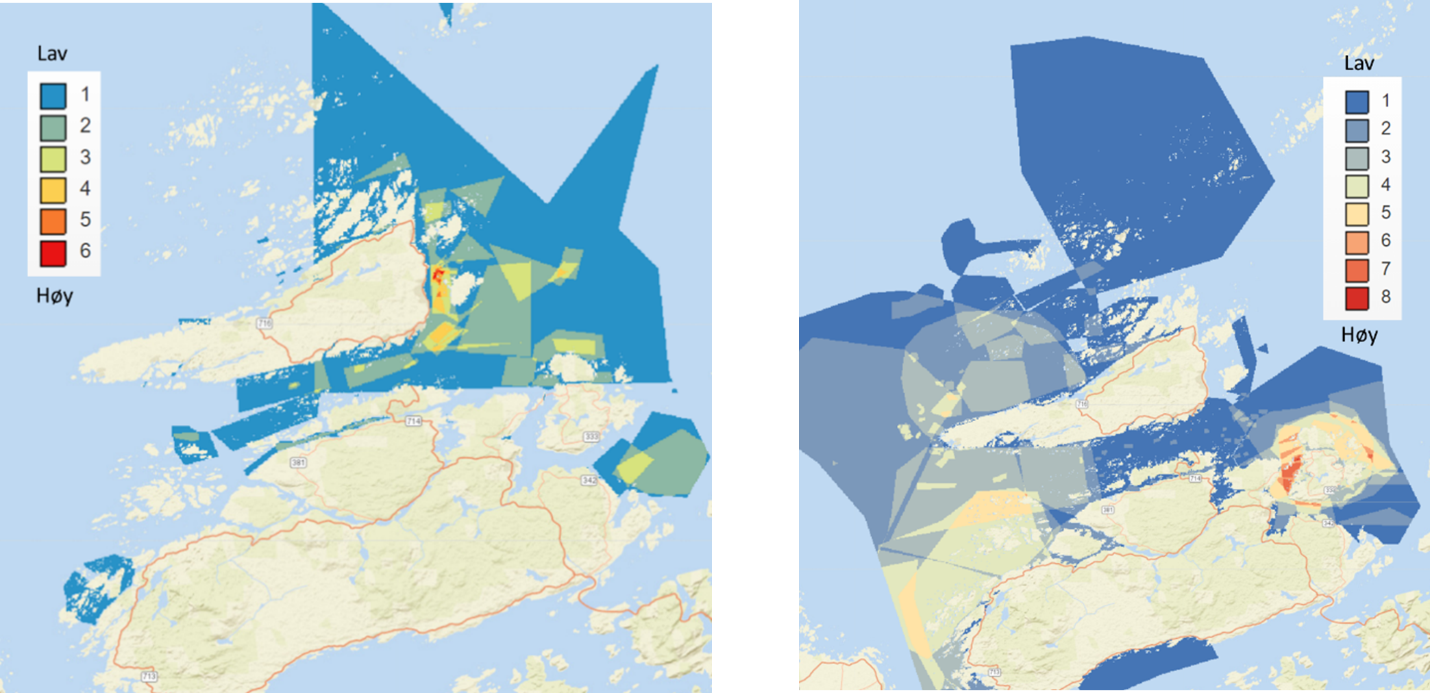 Figur 81 : Kvalitativ kartlegging av viktige plasser for fritidsfiske (til venstre) og turistfiske (til høyre) rundt Frøya og Hitra basert på intervjuer av 34 fritidsfiskere respektive 11 turistfiskebedrifter i 2018-2019. Verdisettingen ble gjort på en skala fra 1 (lav verdi) til 15 (høy verdi). Se Kleiven et al. (2021) for flere detaljer om undersøkelsen.