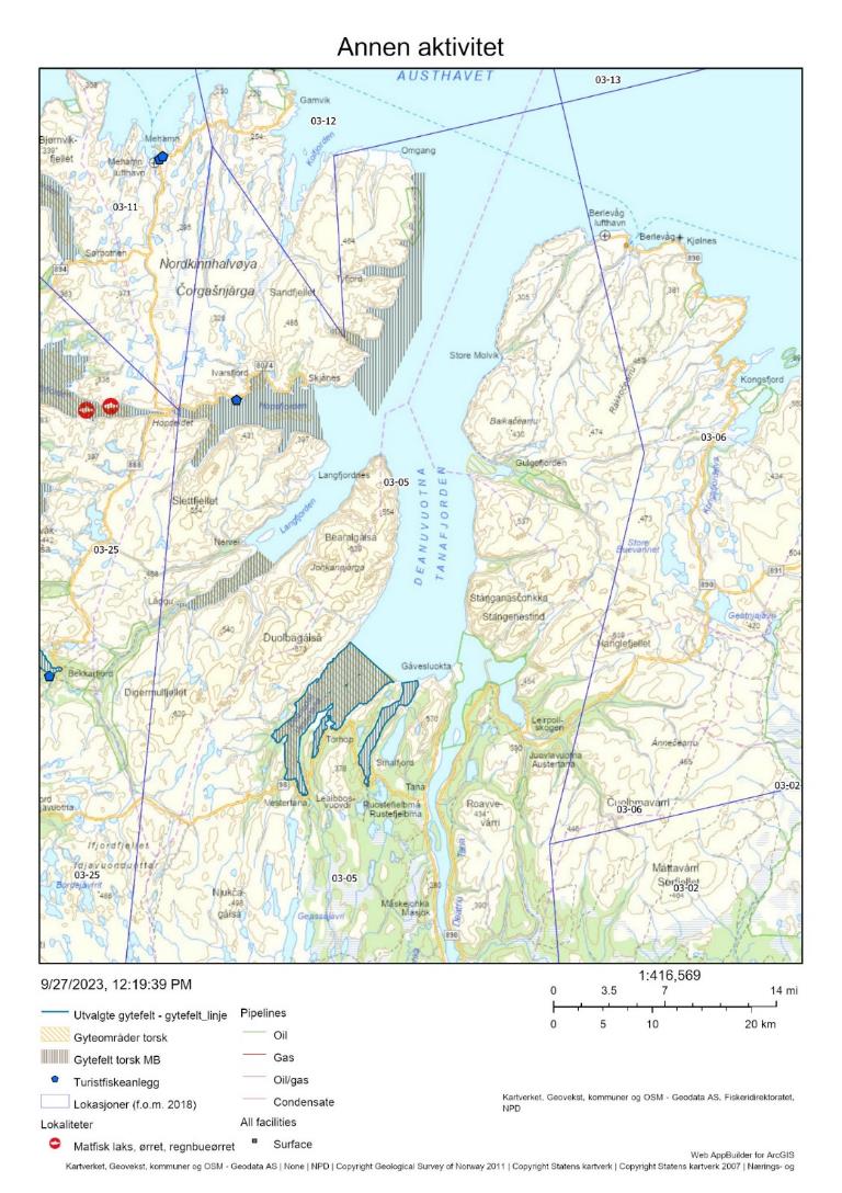 Figur 5 : Annen menneskelig aktivitet på de aktuelle gytefeltene, herunder akvakultur, turistfiskebedrifter og olje/gass-installasjoner.