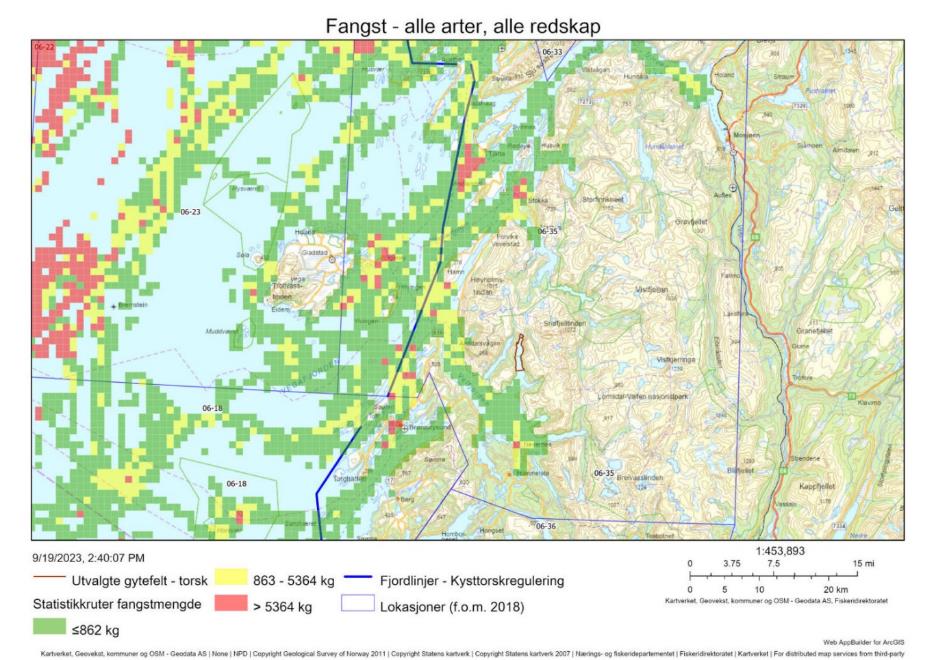 Figur 64 : Oversiktskart fiskeriaktivitet (AIS/VMS koblet med sluttseddeldata/ERS) i lokasjon 6-35 som inkluderer gytefeltet Storfjorden (markert med mørkerøde linjer). Totale landinger av alle arter (kun sluttsedler som lot seg koble til detaljerte aktivitetsdata) i perioden 2018-2021 vises i rutenett farget etter en trafikklysmodell (rød > gul > grønn).