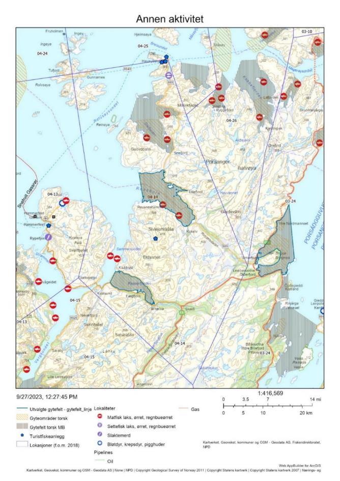 Figur 22 : Annen menneskelig aktivitet på de aktuelle gytefeltene, herunder akvakultur, turistfiskebedrifter og olje/gass-installasjoner.