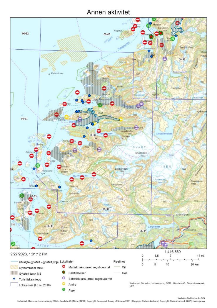 Figur 57 : Annen menneskelig aktivitet på de aktuelle gytefeltene, herunder akvakultur, turistfiskebedrifter og olje/gass-installasjoner.