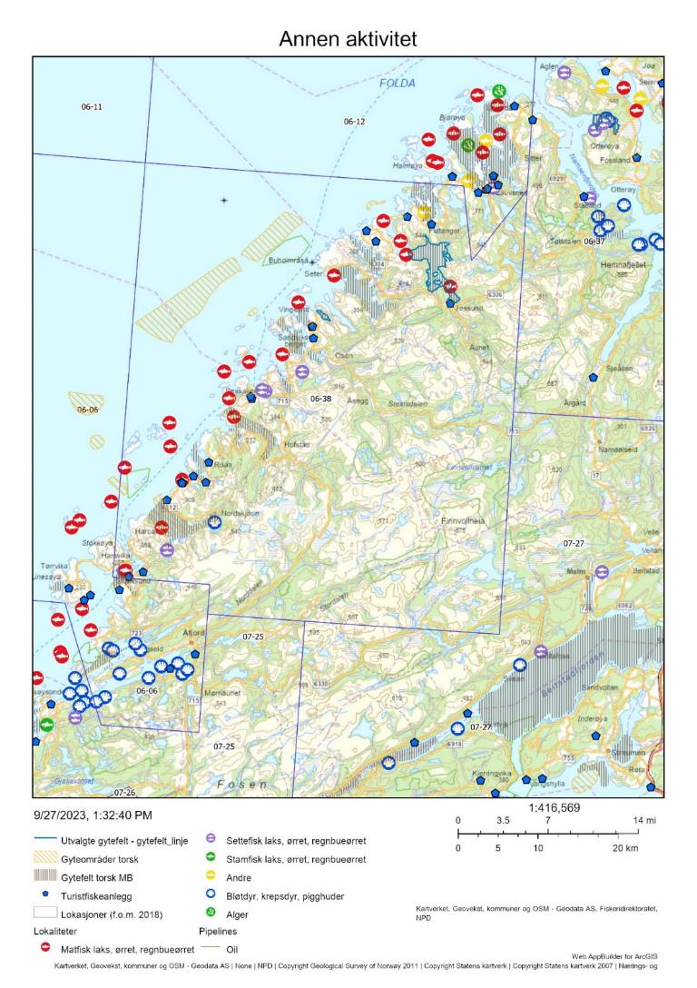 Figur 77 : Annen menneskelig aktivitet på de aktuelle gytefeltene, herunder akvakultur, turistfiskebedrifter og olje/gass-installasjoner.