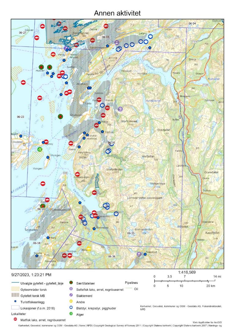 Figur 67 : Annen menneskelig aktivitet på de aktuelle gytefeltene, herunder akvakultur, turistfiskebedrifter og olje/gass-installasjoner.