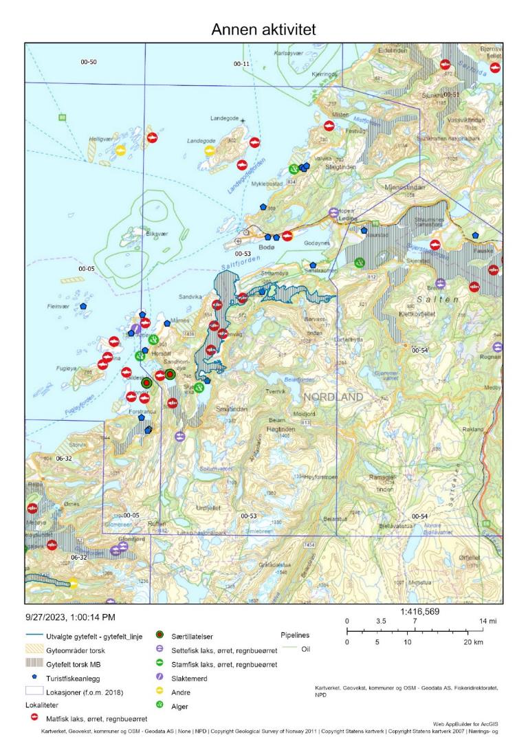 Figur 54 : Annen menneskelig aktivitet på de aktuelle gytefeltene, herunder akvakultur, turistfiskebedrifter og olje/gass-installasjoner.