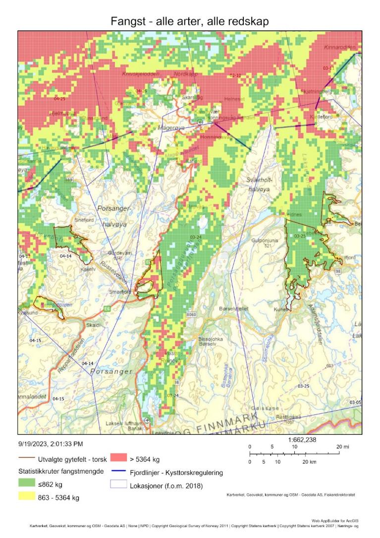 Figur 11 : Oversiktskart fiskeriaktivitet (AIS/VMS koblet med sluttseddeldata/ERS) i lokasjon 3-24 som inkluderer gytefeltet Smørfjorden (markert med mørkerøde linjer). Totale landinger av alle arter (kun sluttsedler som lot seg koble til detaljerte aktivitetsdata) i perioden 2018-2021 vises i rutenett farget etter en trafikklysmodell (rød > gul > grønn).