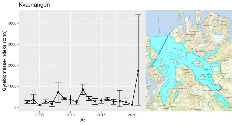 Figur 24 : Bunntrålindeks for gytebiomasse av kysttorsk i stratum Kvænangen fra Havforskningsinstituttets årlige Kysttokt (oktober-november). Data på modning mangler fra 2022 og indeksen vises derfor bare frem til 2021. Feilstablene viser 5 og 95 %-kvantilene, mens punktestimatene er middelverdi over 500 bootstrap-iterasjoner i estimeringsprosessen. Den store usikkerheten i 2021-estimatet skyldes data fra en stasjon i Reisafjorden der det ble målt en stor mengde stor torsk. Kartet til høyre viser området som inngår i stratum Kvænangen.