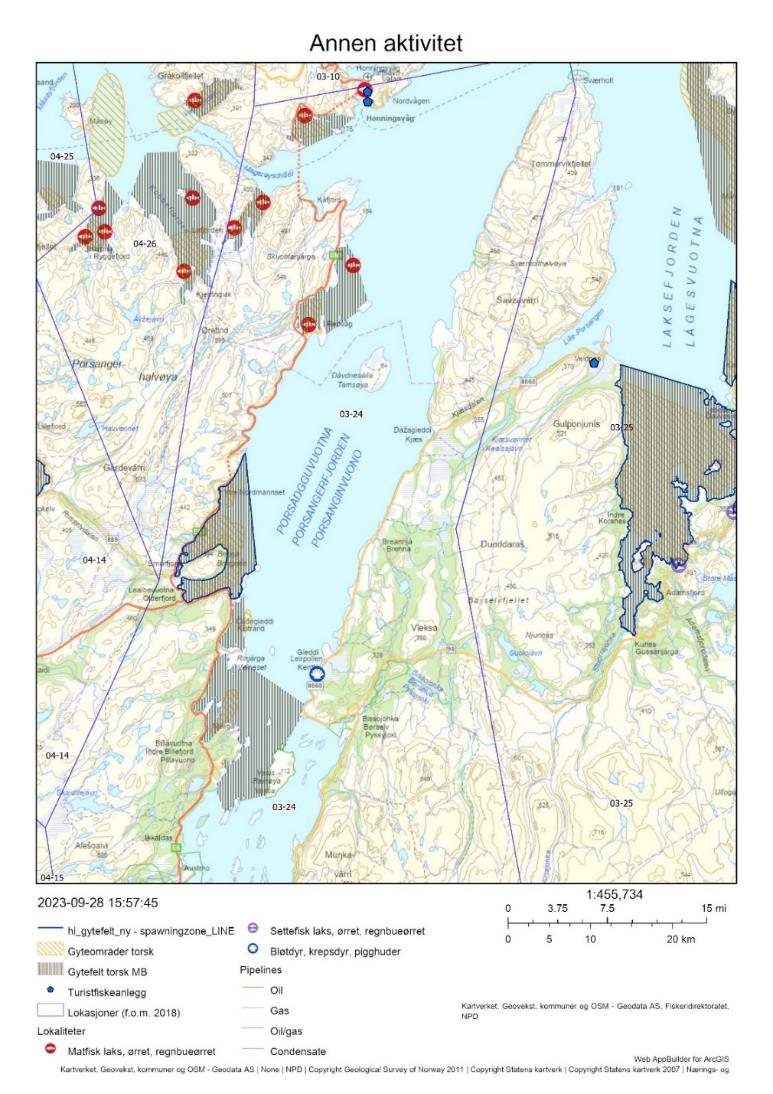 Figur 15 : Annen menneskelig aktivitet på de aktuelle gytefeltene, herunder akvakultur, turistfiskebedrifter og olje/gass-installasjoner.