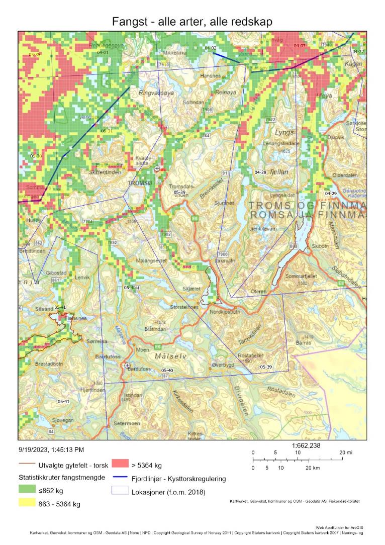 Figur 32 : Oversiktskart fiskeriaktivitet (AIS/VMS koblet med sluttseddeldata/ERS) i lokasjon 5-39 som inkluderer gytefeltet Balsfjorden (markert med mørkerød linje). Totale landinger av alle arter (kun sluttsedler som lot seg koble til detaljerte aktivitetsdata) i perioden 2018-2021 vises i rutenett farget etter en trafikklysmodell (rød > gul > grønn).