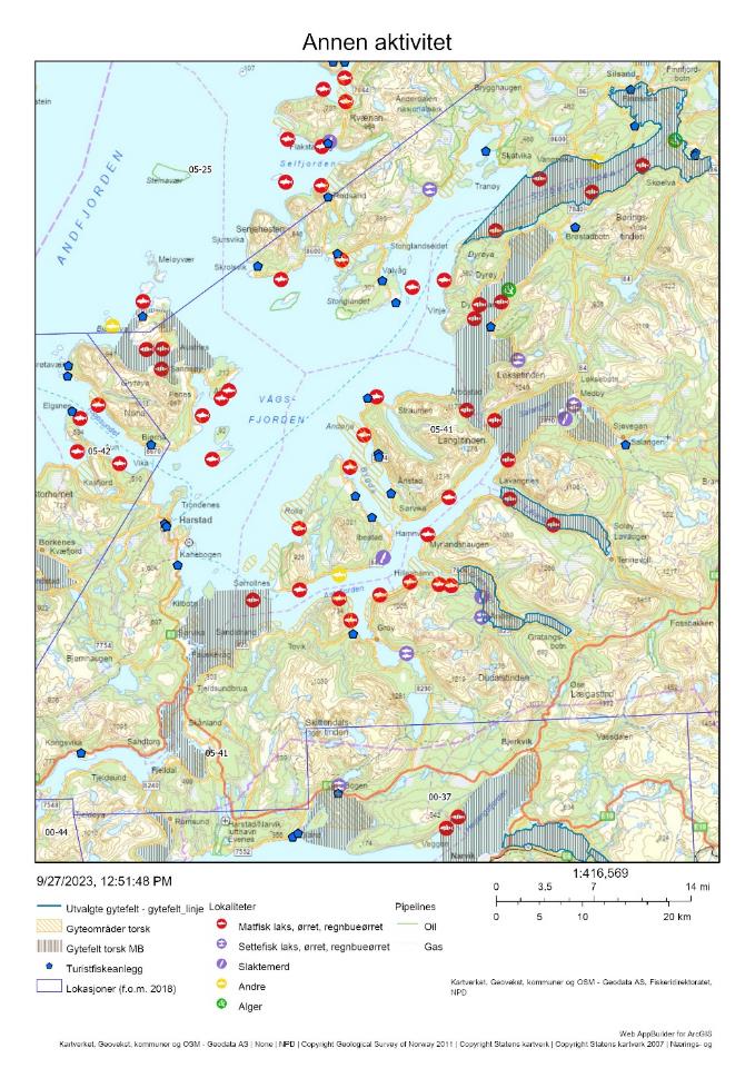 Figur 42 : Annen menneskelig aktivitet på de aktuelle gytefeltene, herunder akvakultur, turistfiskebedrifter og olje/gass-installasjoner.