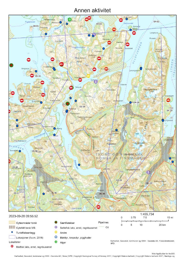 Figur 35 : Annen menneskelig aktivitet på de aktuelle gytefeltene, herunder akvakultur, turistfiskebedrifter og olje/gass-installasjoner.