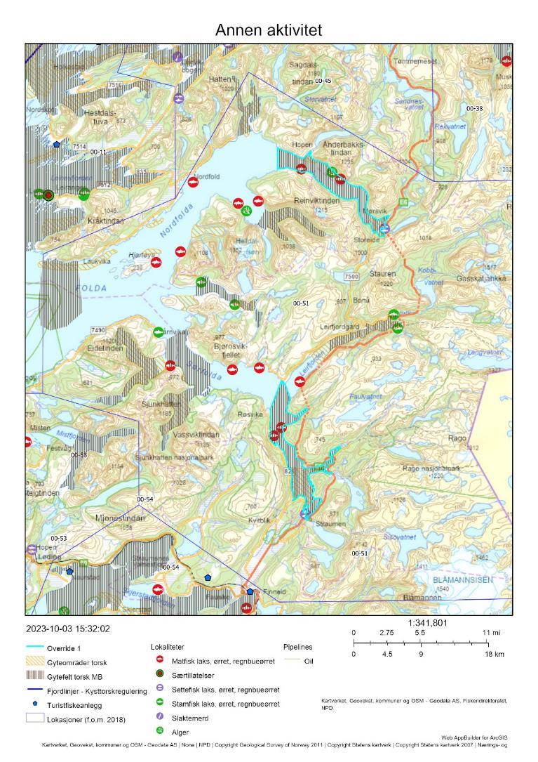 Figur 50 : Annen menneskelig aktivitet på de aktuelle gytefeltene, herunder akvakultur, turistfiskebedrifter og olje/gass-installasjoner. Gytefeltene som omtales i dette kapitlet er omkranset med linjer i turkis farge.