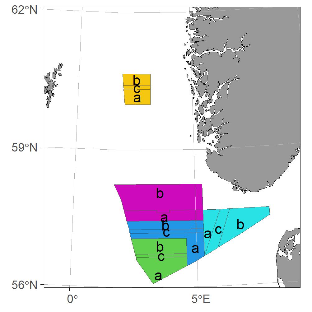 Inndeling av de norske forvaltningsområdene (Gul=omr.5, Lilla=omr.4, Turkis=omr.3, Blå=omr.2, grønn=omr.1). Gyldig f.o.m 2024.