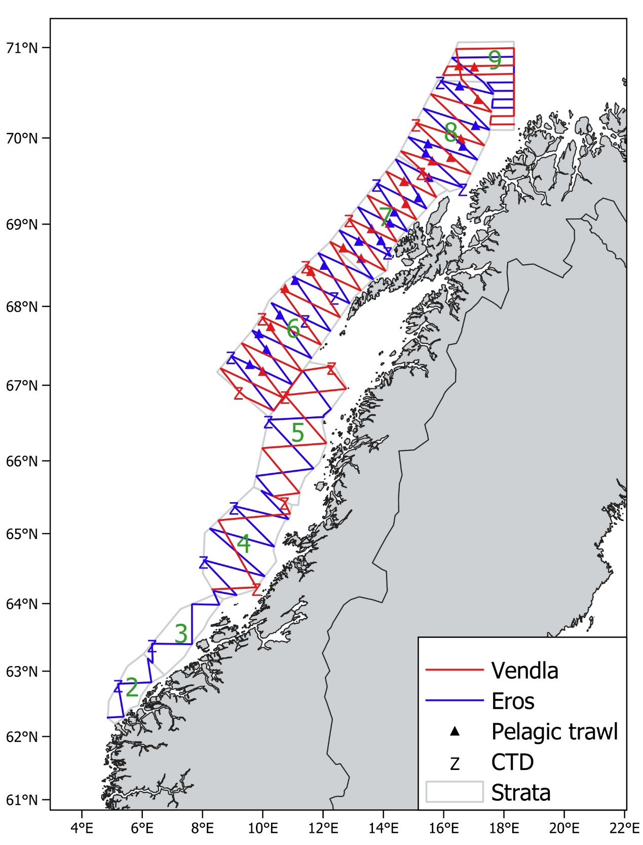 Bildet viser kurslinjer i nvg-gytetoktet for fartøyene Vendla og Eros. Pelagiske trålhal er vist som trekanter og CTD-stasjoner som bokstaven Z. Dekningsområdet er oppdelt i underområder, såkalte strata, og disse er vist som lysegrå linjer med grønn nummerering. 
