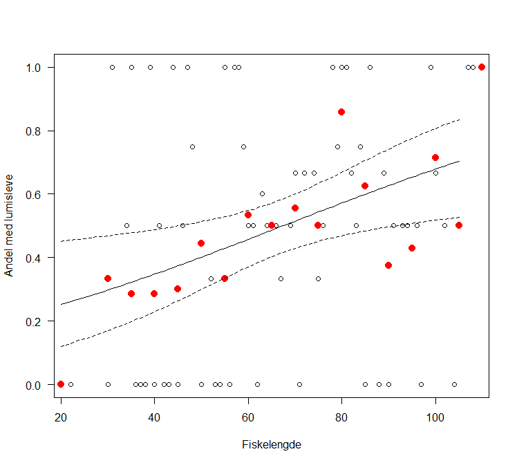 Figuren viser en grafisk fremstilling av relativ andel fangst av torsk med line utstyrt selvlysende hylser som funksjon av fiskelengde. 