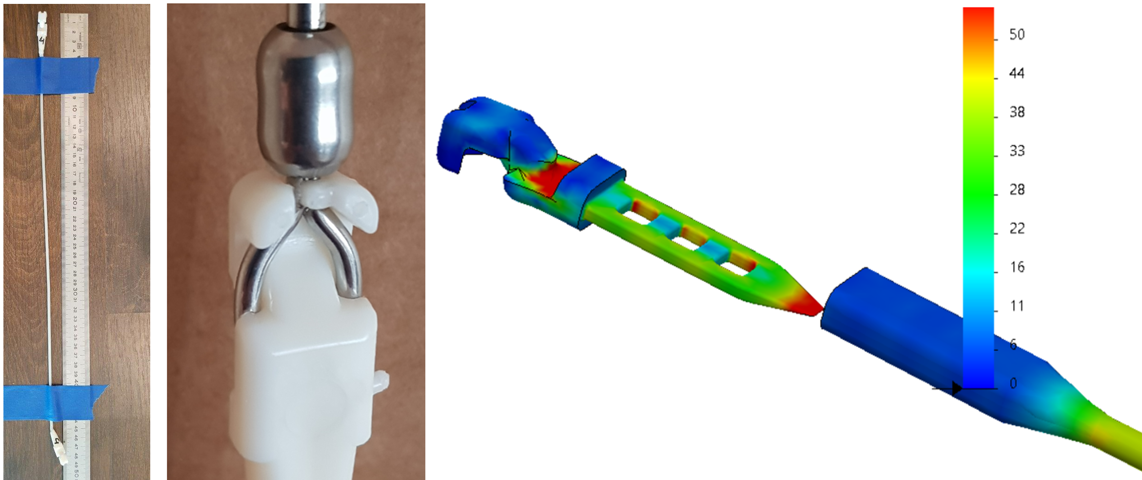 Figuren viser et bilde av prototype av forsyn, innfesting mot svivel og en CAD tegning med styrkeberegninger av innfesting til svivel og kobling mot griper til forsyn.