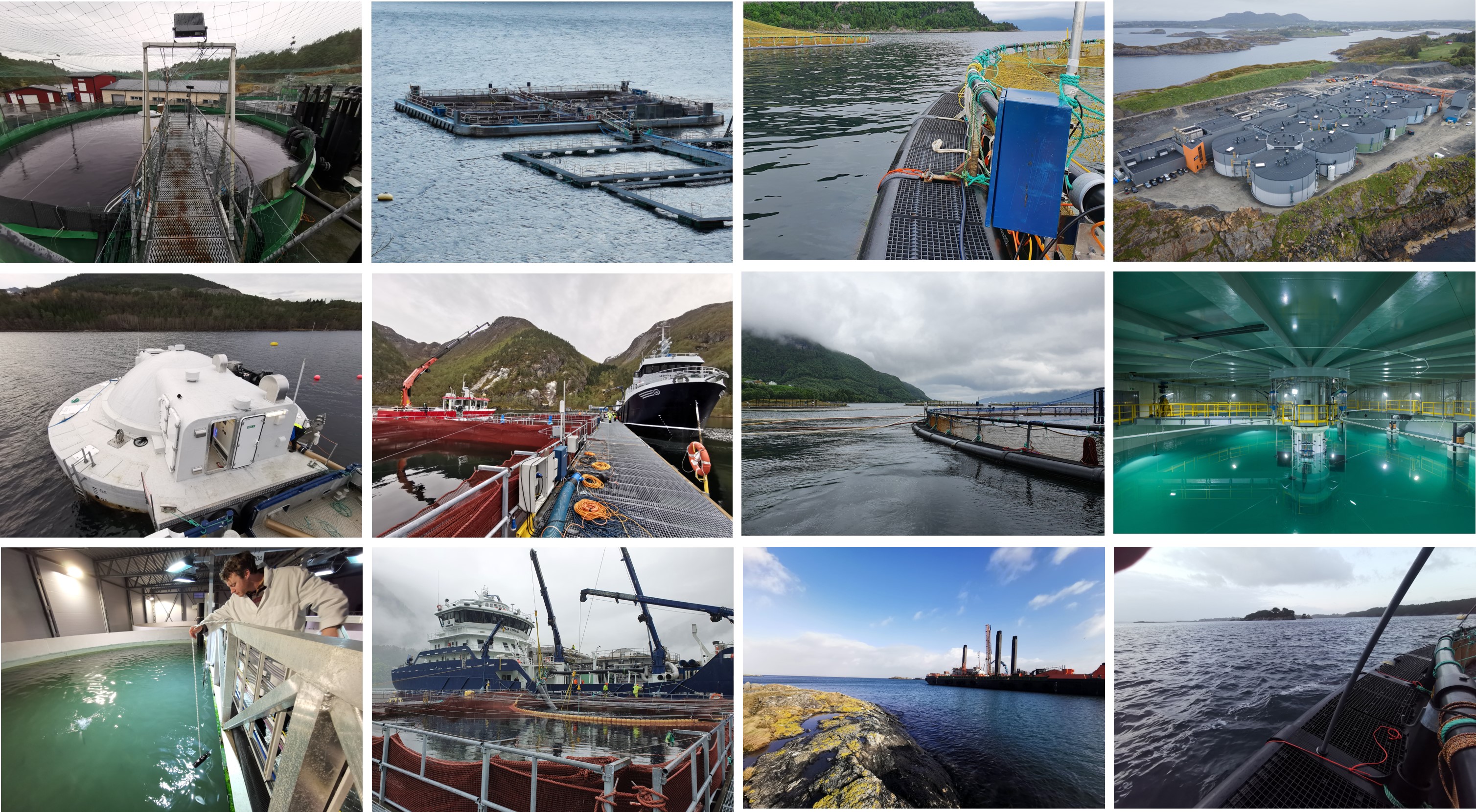Figuren består av bilder av ulike oppdrettsanlegg på land med kar, på sjøen som åpne merdanlegg i stål eller plast med notbur eller flytende semi lukkede med presennings- eller komposittbur. Et bilde viser en flytende borerigg benytte for sprengningsarbeid