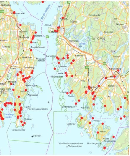 Kart med lokasjoner for mudringsaktivitet i området