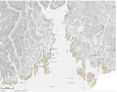 Kart som viser større, sammenhengende fritidsbyggområder i ytre Oslofjord.