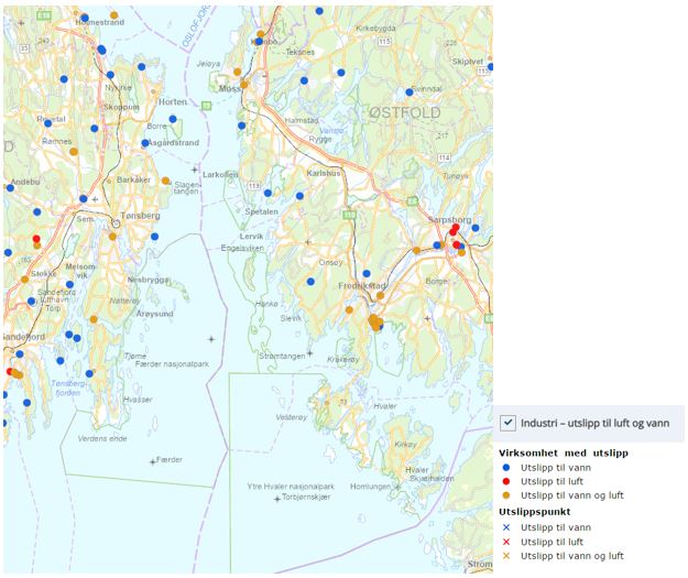 Kart som viser lokasjoner til industri som har utslipp til vann, luft og vann + luft.