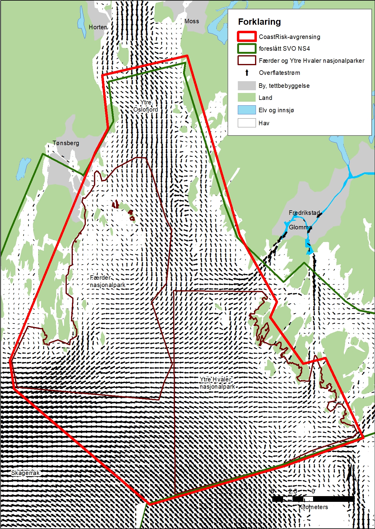 Kart som viser modellerte havstrømmer i området.