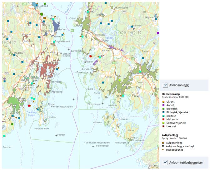 Kart som viser lokasjon for avløpsanlegg i området, fargekodet med renseprinsipp.