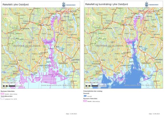 Kart som viser (venstre) rekefelt og (høyre) bunntråling i området.