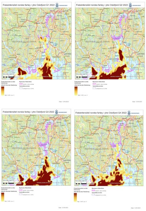 Kart som viser kvartalsvis fiskeriintensitet i området, med rosa skraverte rekefelt i bakgrunnen.