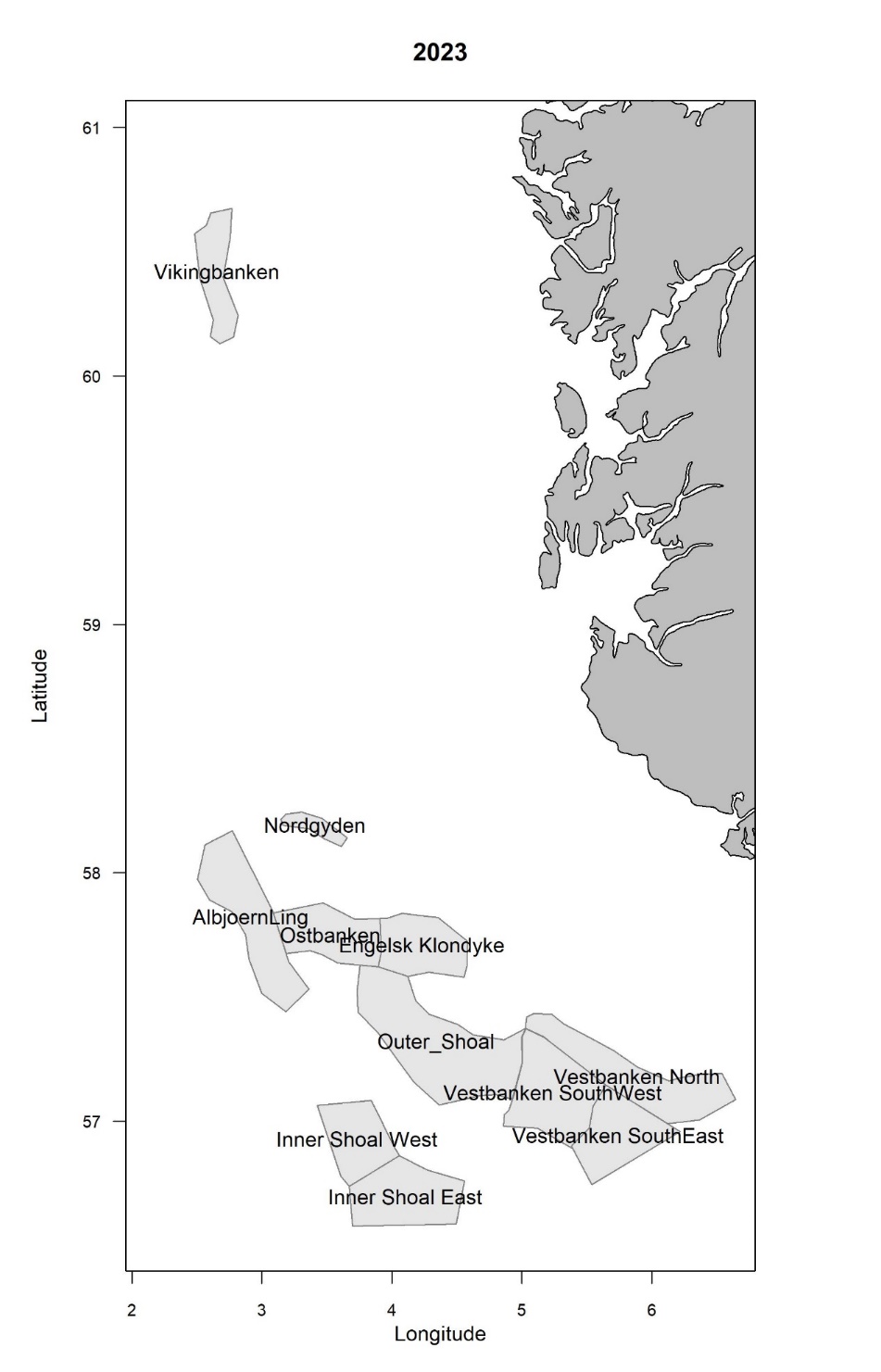 Figur 2 Toktområder (grå polygoner) dekket under tobistoktet 2023. Et toktområde kan dekke flere mindre tobisfelt.