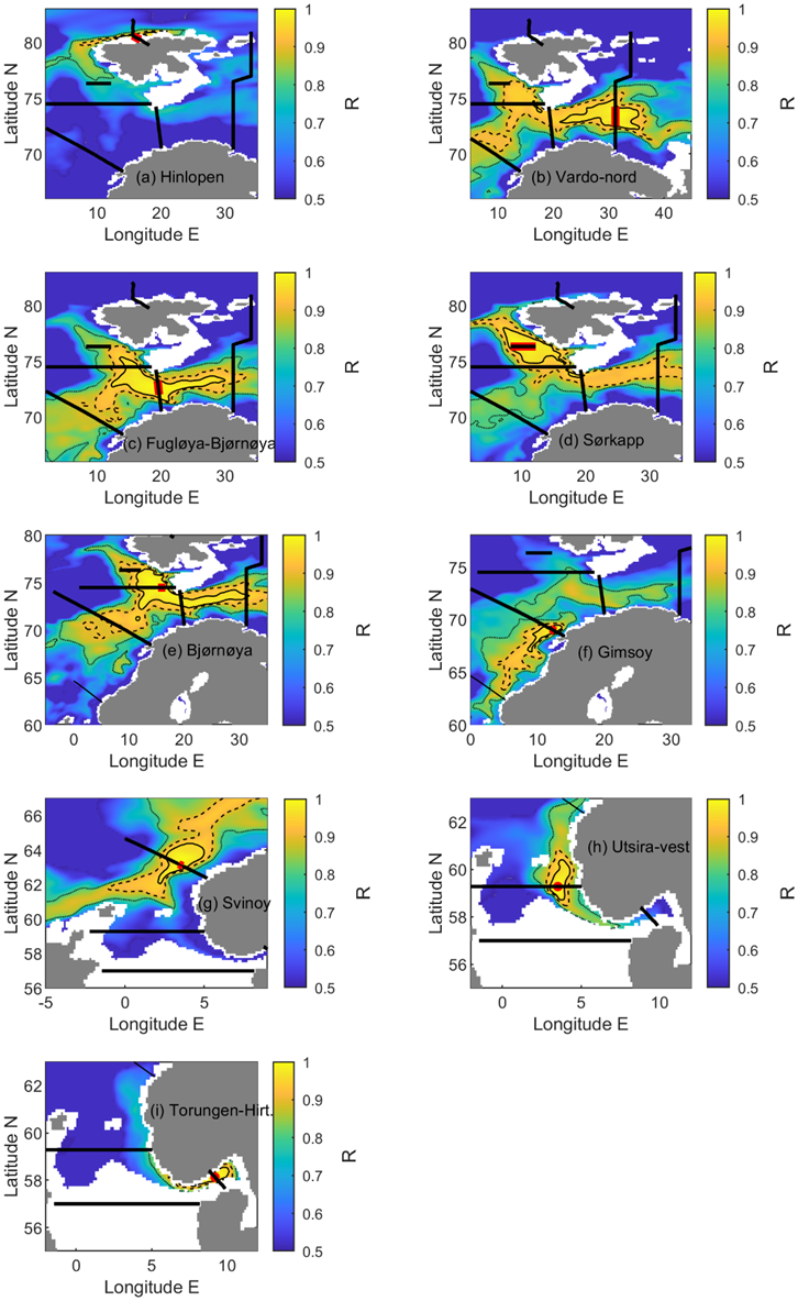 Figure 22: Maps of correlation coefficients between yearly mean 100 m salinity time series at station(s) indicated by a red dot or line along each IMR transect and all surrounding model grid points. Dashed lines indicated the 0.95, 0.9 and 0.85 correlation (R) contours. Black lines indicate the locations of fixed CTD transects. Plots are generated using the TOPAZ Arctic Ocean Physics Reanalysis.
