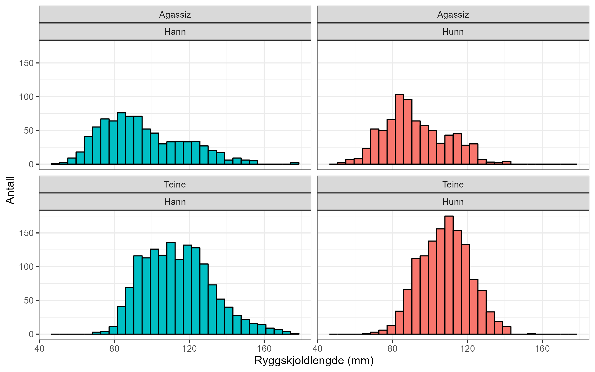 Figuren viser fire histogram som beskriver lengdefordeling av krabber. Krabber fanget i Agassiz-trål: Hannkrabber (blå) øverst til venstre og hunnkrabber (røde) øverst til høyre. Krabber som er fanget i teiner: Hannkrabber nederst til venstre og hunnkrabber nederst til høyre. X-aksene viser ryggskjoldlengde i mm og går fra 40 til 175 mm. Y-aksen viser antall og går fra 0 til 175.