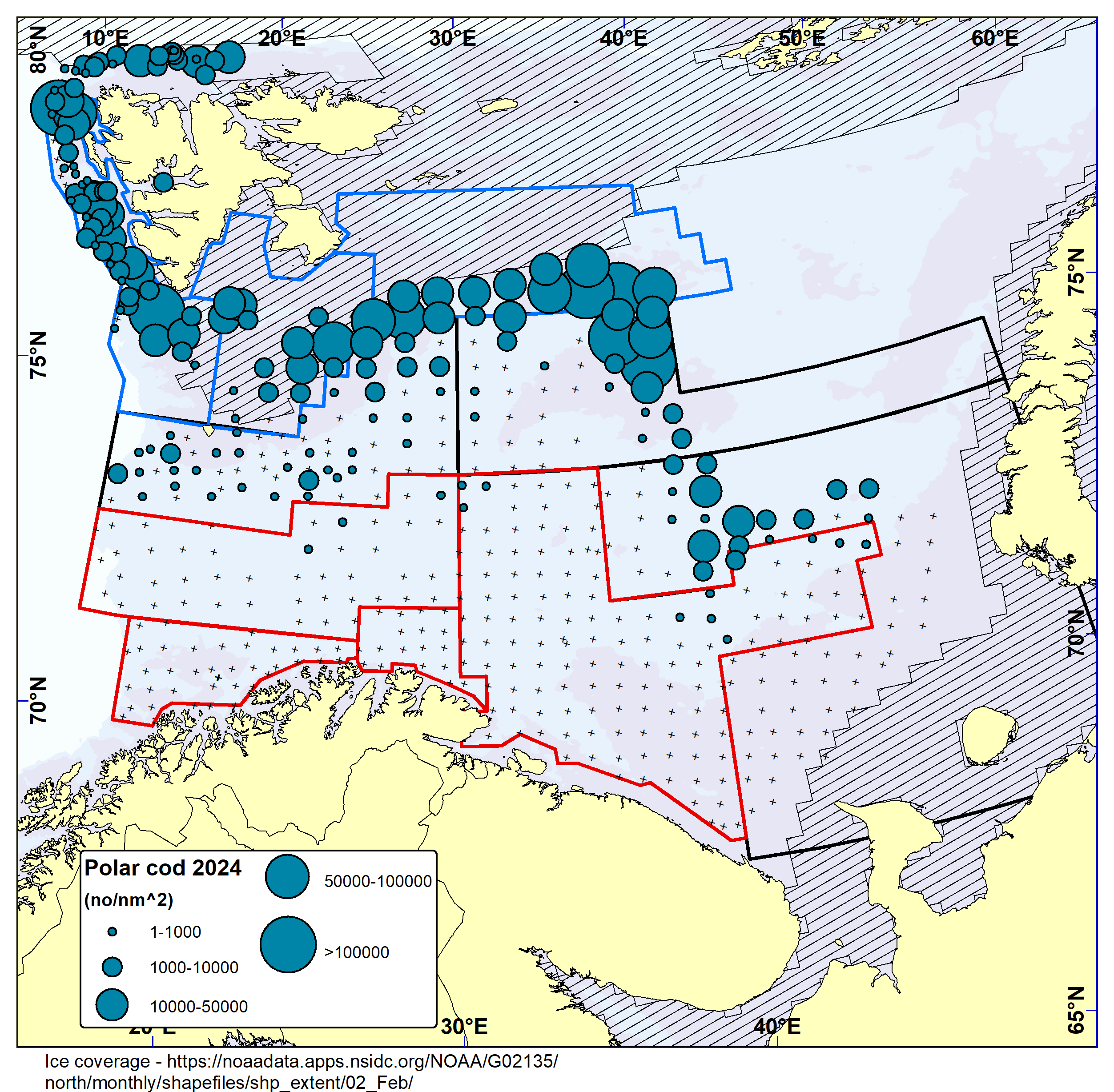 Figure 9.2 POLAR COD. Distribution in the trawl catches winter 2024 (number per nm2). Black crosses indicate zero catches and the shaded area the ice coverage early in the survey.