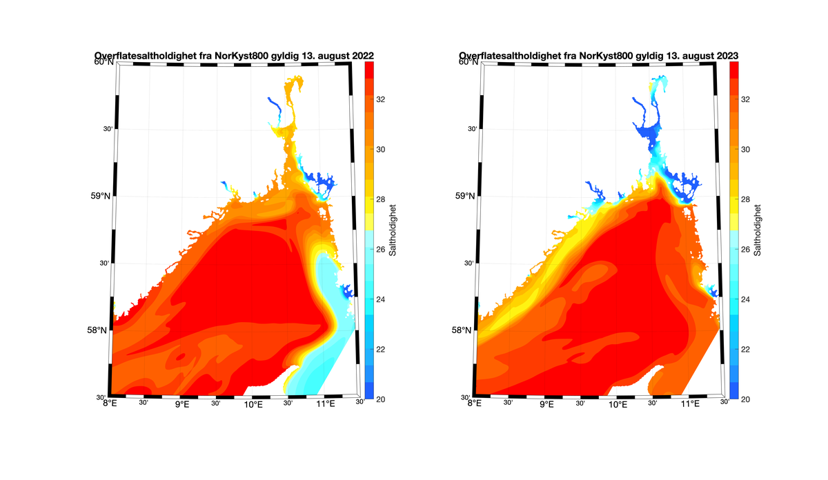 
To kart over Oslofjorden som viser hvor det er salt og mindre salt vann i fjorden. Til venstre er kartet mer rødt enn på kartet til høyre. 