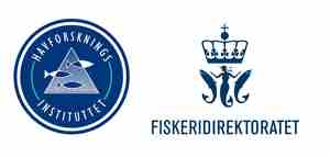 rund blå logo for HI og lysere blå logo for Fiskeridirektoratet, på linje ved siden av hverandre