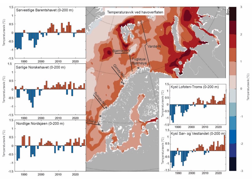 Kart som viser avvik i sjøtemperatur ved havoverflaten 