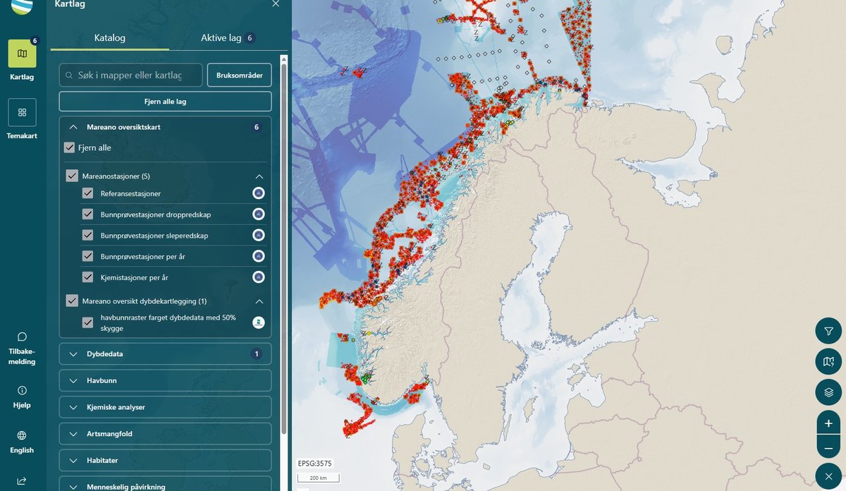 
Et oversiktsbilde av den nye kartløsningen. Til venstre i bildet er en meny der du kan gjøre ulike valg og til høyre et oversiktskart over Norge og havområdene.