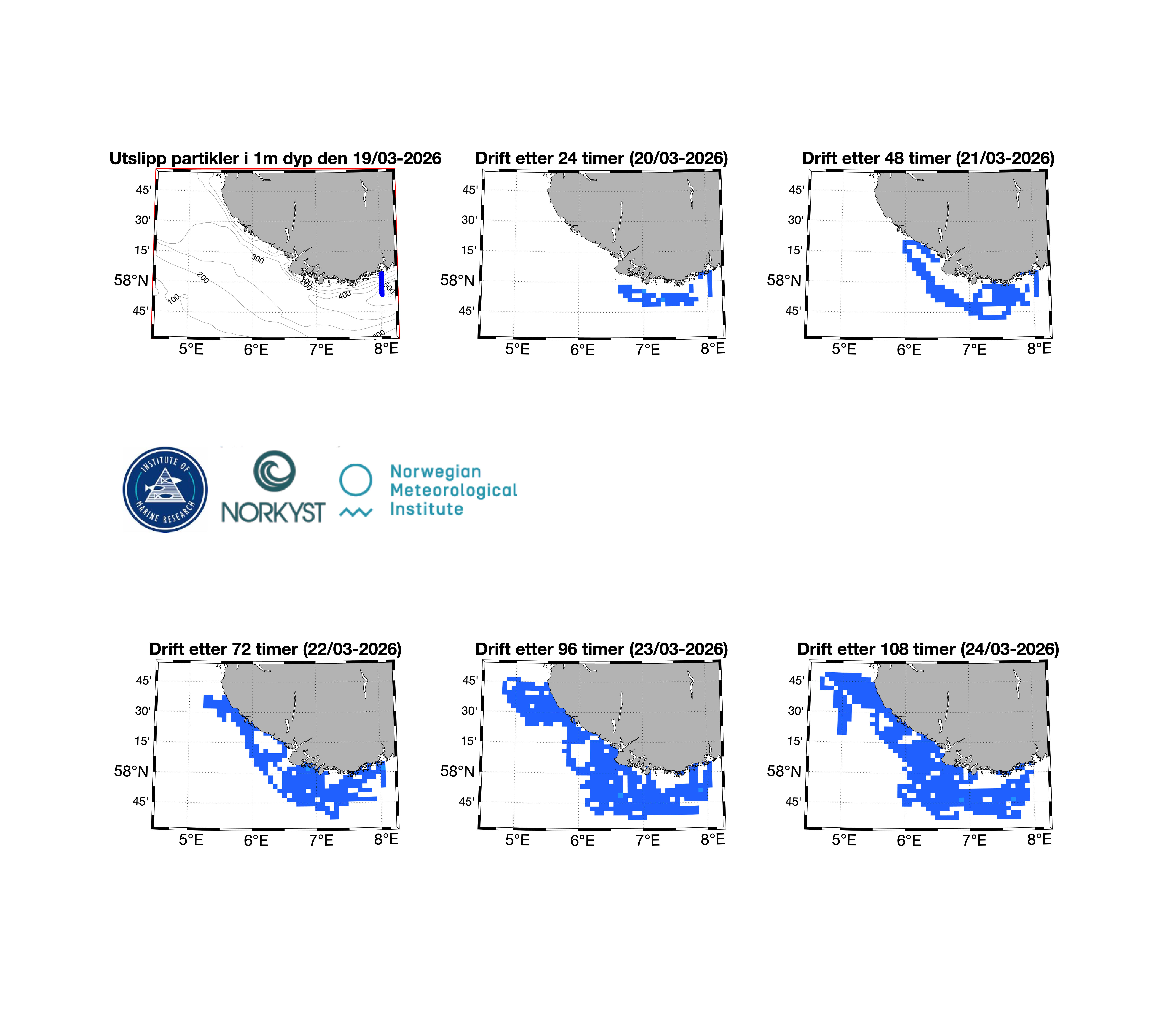 spreningsmodeller som viser hvordan algene vil spre seg vestover