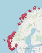 Kart over Noreg som viser mange registreringar av perlesnormanet