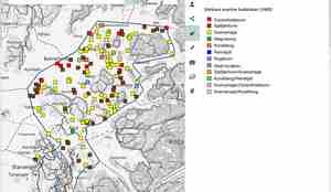 Bilde av et kart som har markeringer for observasjoner av sårbare og verdifulle habitater (leveområder) etter internasjonale og nasjonale kriterier. Det er observasjoner av blant annet sjøfjærbunn, ålegraseng, korallskog, reisskjell og rugelbunn.