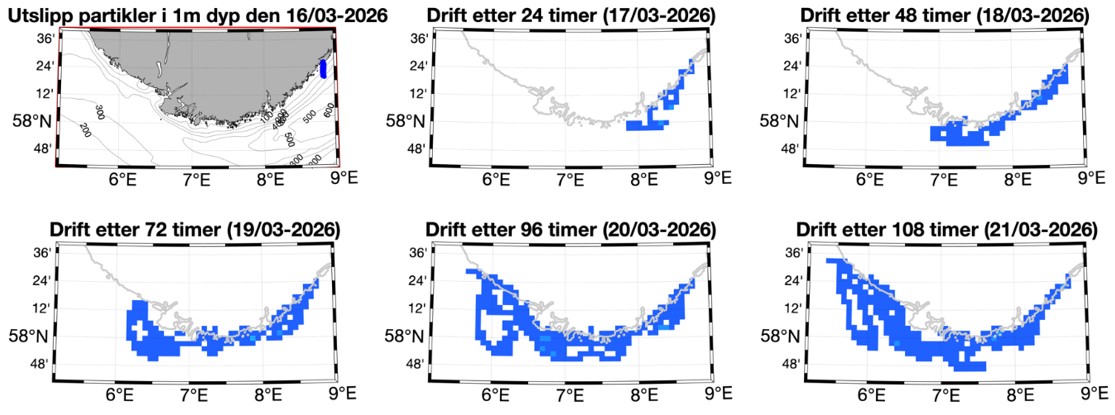 Seks bilder som viser hvordan algene kan spre seg langs kysten mot Rogaland.