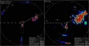 skjermbilde fra sonaren - liten stim til venstre, stor stim til høyre