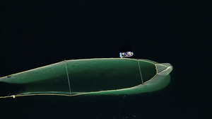 luftfoto av spesiell transportmerd for fisk sett fra oven, lettbåt ved siden av